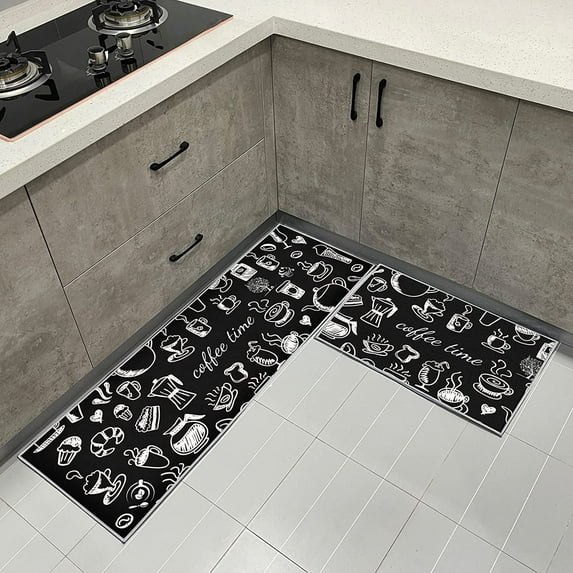 Non Slip Kitchen Mat Rugs Set 2 Pieces,Non Skid Washable Kitchen Rugs and Mats, Comfort Standing Mats for Home Kitchen Entrance Door Mat (17"*29"+17"*47", Coffee time)