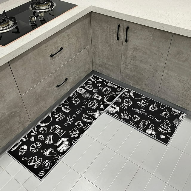 Non Slip Kitchen Mat Rugs Set 2 Pieces,Non Skid Washable Kitchen Rugs and Mats, Comfort Standing Mats for Home Kitchen Entrance Door Mat (17"*29"+17"*47", Coffee time)