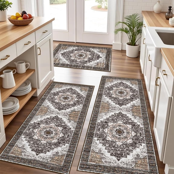 Non Slip Kitchen Rug Set of 3 Washable Boho Mats Vintage Farmhouse Style Soft Runner Rugs Grey 24"x32"+24"x48"+24"x59"