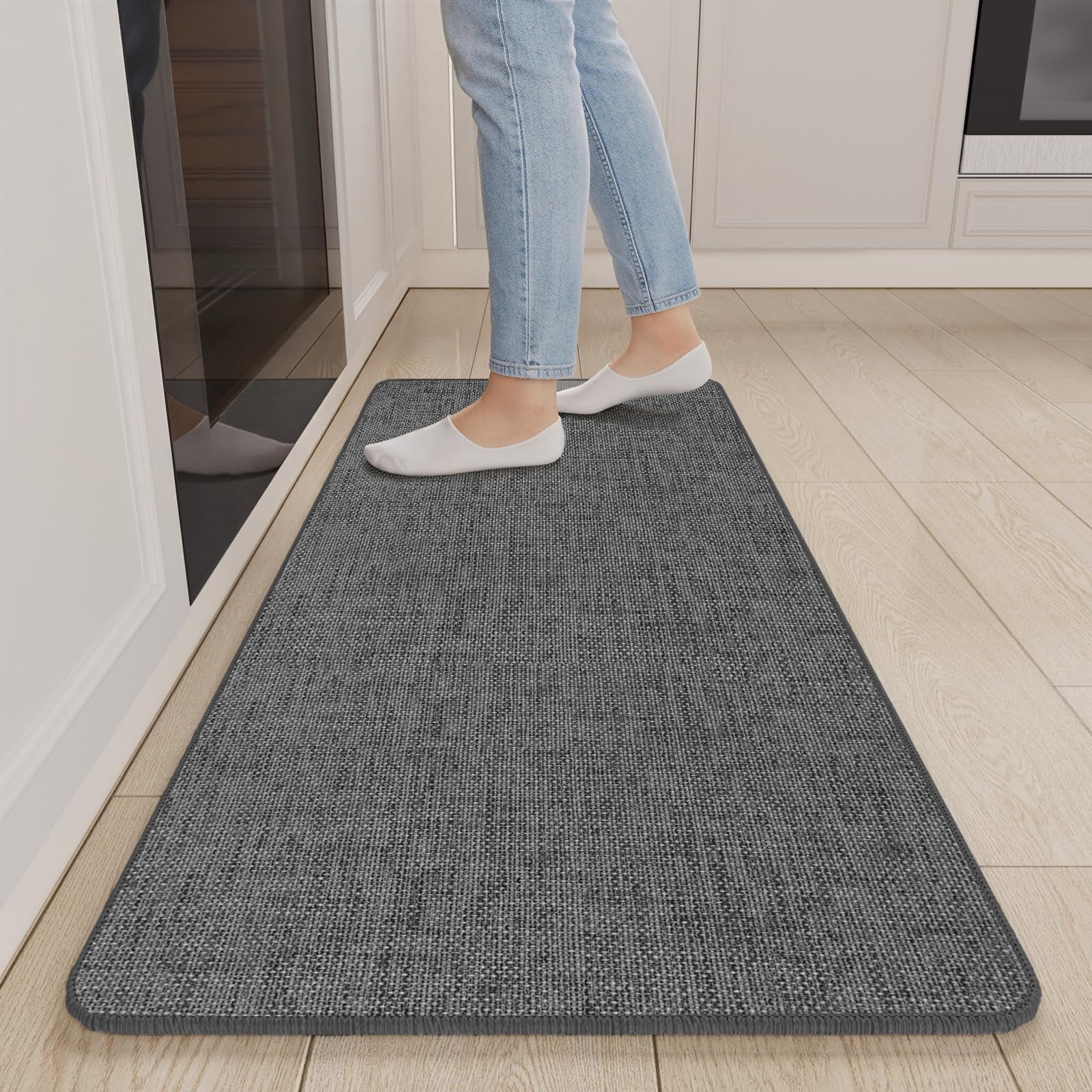 Non Slip Kitchen Rugs Mat Washable Linen-Like Thin Kitchen Mats for Floor, Rubber Backing Absorbent Stain Resistant Standing Floor Mat Front of Sink Laundry, Easy Clean, Dark Gray 17"x30"