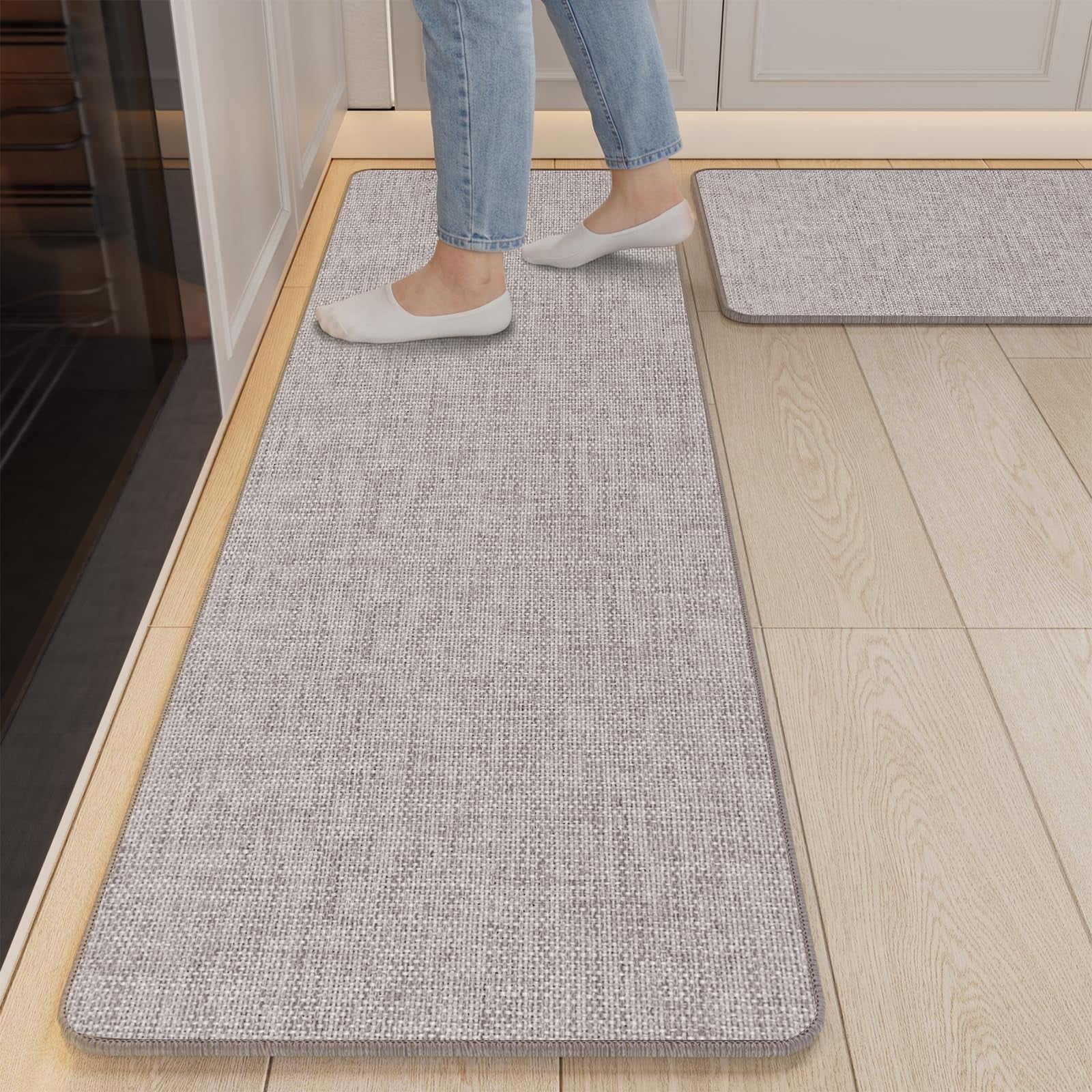 Non Slip Kitchen Rugs Mat Washable Linen-Like Thin Kitchen Mats for Floor, Rubber Backing Absorbent Stain Resistant Standing Floor Mat Front of Sink Laundry, Easy Clean, Dark Gray 17"x30"