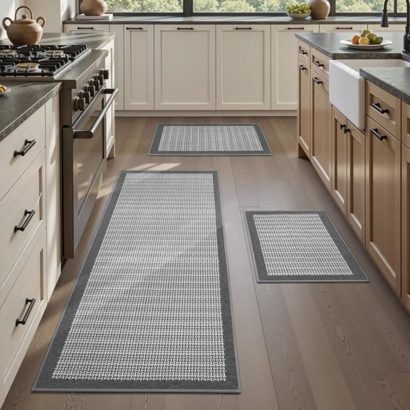 Non Slip Kitchen Rugs Sets of 3 - Extra Large 2.5'x6' + 20"x32" + 20"x32" Runner Rugs for Kitchen Floor Non Skid Washable, Absorbent Kitchen Mat for in Front of Sink 3 Piece Grey