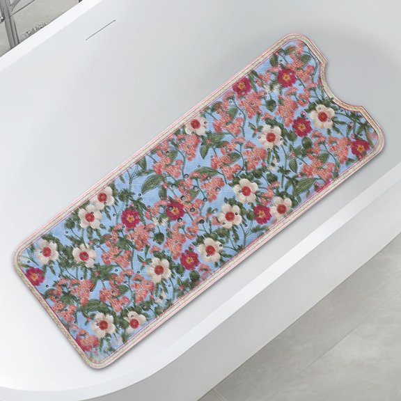 Non Slip Large Bathtub Mat, Shower Mat with Suction Cups and Drain Holes, Massage Pebble Design, Machine Washable Bath Mat for Bathroom, Spa, Floral Pattern