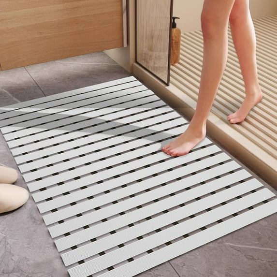 Non Slip Large Shower Mat(35.4"*23.6"),Non Suction Cups Shower Mats for Inside/Outside Shower, Heavy Duty Rubber Walk in Shower Mat for Elderly (White)