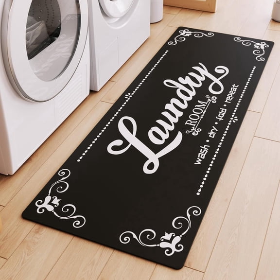 Non-Slip Laundry Room Rug, Black Laundry Mat, Washable Farmhouse Runner for Laundry Room, Kitchen, Bathroom & Entryway