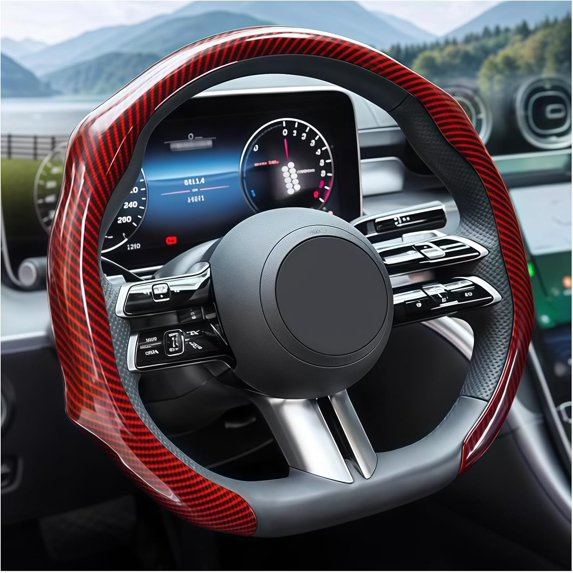 Non-Slip Leather Carbon Fiber Steering Wheel Cover, 14.5-15 Inches Universal Fit for Cars & Trucks, Breathable Auto Interior Protective Accessory