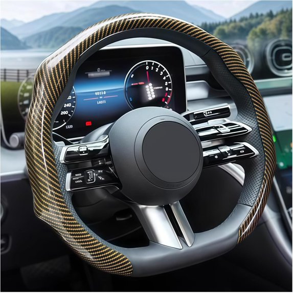 Non-Slip Leather Carbon Fiber Steering Wheel Cover, 14.5-15 Inches Universal Fit for Cars & Trucks, Breathable Auto Interior Protective Accessory