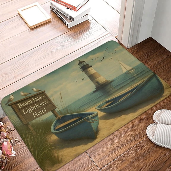 Non-Slip Lighthouse Doormat, Vintage Coastal Nautical Pattern, 16x24 inch, Indoor Outdoor Front Porch Kitchen, Beach Ocean Decor Mat