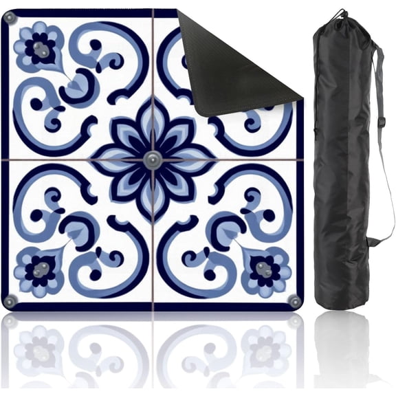 Non-Slip Mahjong Mat 31.5" x 31.5", Blue White Floral Moroccan Tile with Curved Swirls, Noise Reducing Table Cover for Dominoes Poker Board Card Games, Elegant Decorative Surface