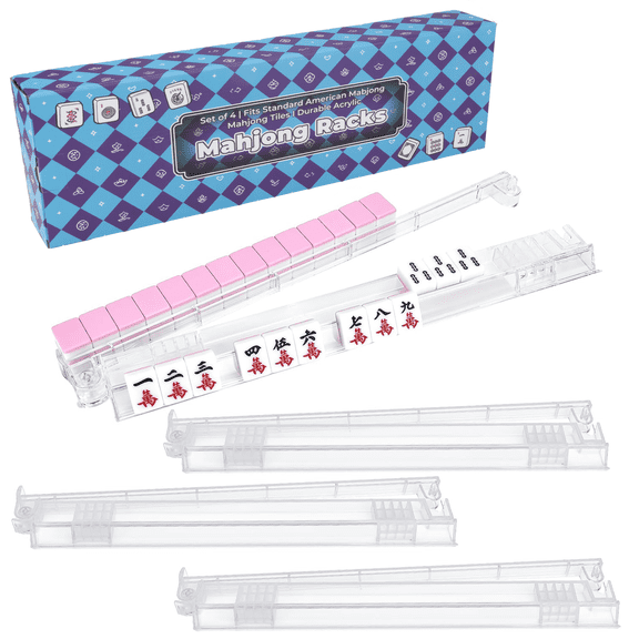 Non-Slip Mahjong Racks with Pushers, 4-Pack Clear Acrylic Racks, American Mahjong Accessories, Gift-Ready Mahjong Gifts (Clear)