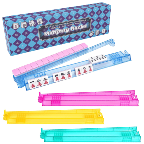 Non-Slip Mahjong Racks with Pushers, 4-Pack Clear Acrylic Racks, American Mahjong Accessories, Gift-Ready Mahjong Gifts (Color)