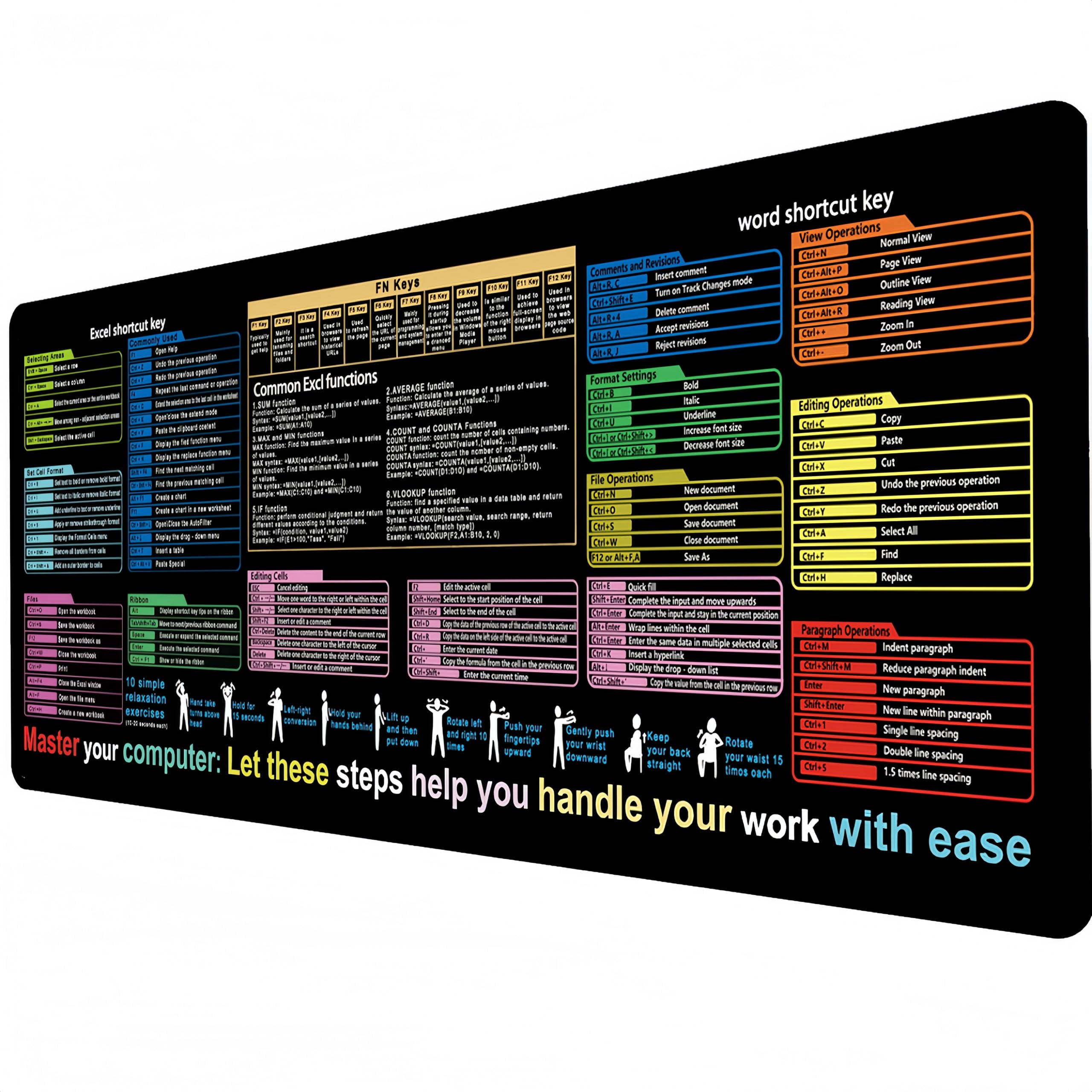 Non-Slip Office Desk Mat With Excel Shortcuts Guide - 31.5x11.8 Inch Keyboard & Mouse Pad