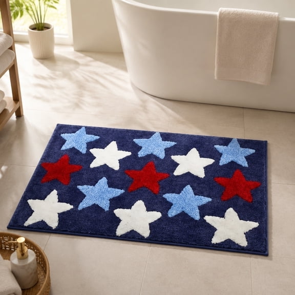 Non Slip Patriotic Star Bath Mat 40x60cm Red White Blue for Bathroom Floor, Absorbent Quick Dry Microfiber Bathroom Rug, Home Decor for Shower Tub, Soft and Machine Washable