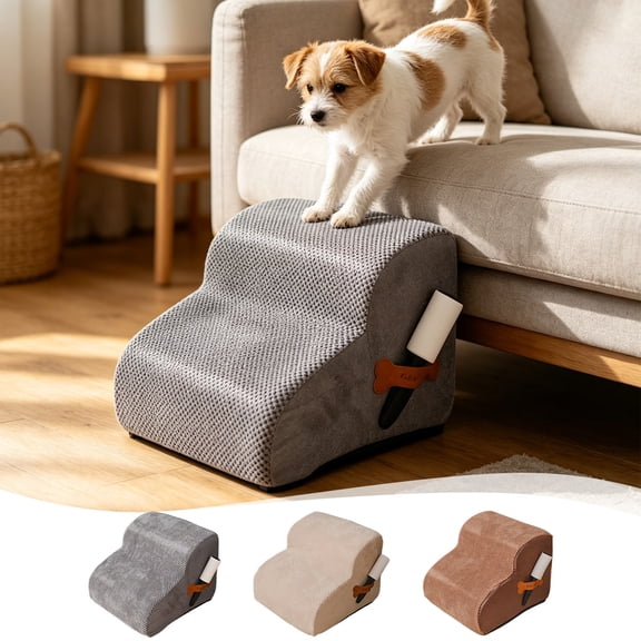 Non-Slip Pet Stairs for Dogs and Cats, High Density Foam Dog Ramp for Bed and Couch, 3-Tier Portable Pet Ladder with Washable Cover, Support for Small Medium Senior Pets, 12" High