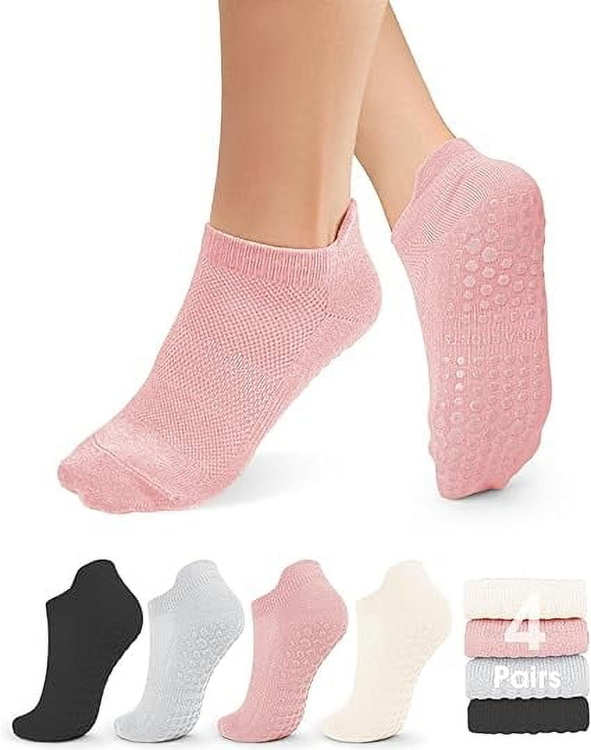 ZHUYING Non Slip Pilates Socks with Grips for Women, Grip Socks for Yoga Ballet Barefoot Workout Anti Skid Athletic Socks 4 pack