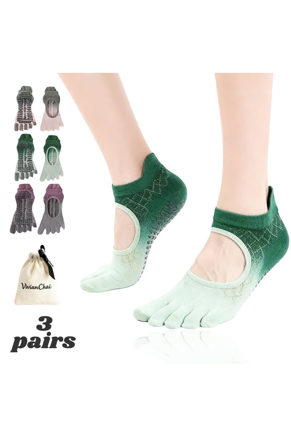 Non-Slip Pilates Yoga Socks with Grips for Women, 5-Toe Breathable Cotton Sports Socks, 3 Pairs, Ideal for Pregnant Women