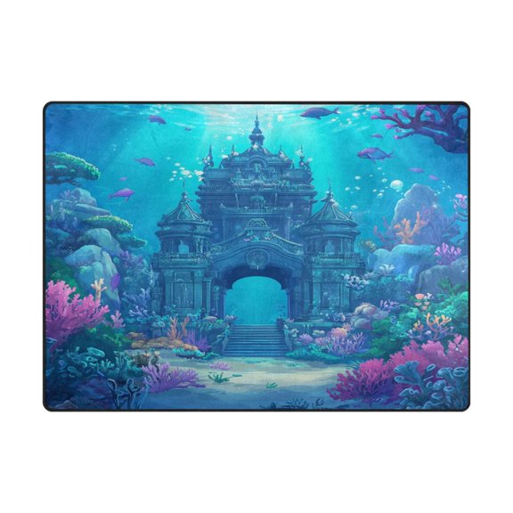 Non-Slip Polyester Rug 63x48in & 80x58in - Plush Memory Foam Floor Mat, Absorbent, Fade Resistant, Machine Washable for Living Room, Bedroom, Entryway,A Beautiful Underwater Temple