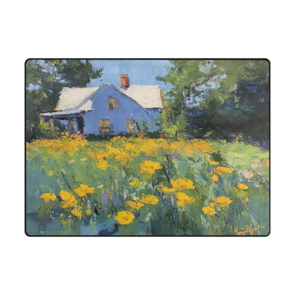 Non-Slip Polyester Rug 63x48in & 80x58in - Plush Memory Foam Floor Mat, Absorbent, Fade Resistant, Machine Washable for Living Room, Bedroom, Entryway，A Blue House