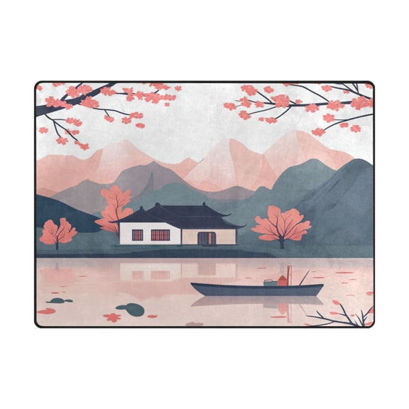 Non-Slip Polyester Rug 63x48in & 80x58in - Plush Memory Foam Floor Mat, Absorbent, Fade Resistant, Machine Washable for Living Room, Bedroom, Entryway，Cartoon House on The Lake