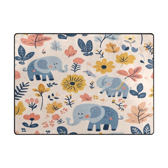 Non-Slip Polyester Rug 63x48in & 80x58in - Plush Memory Foam Floor Mat, Absorbent, Fade Resistant, Machine Washable for Living Room, Bedroom, Entryway,Cute Cartoon Elephants