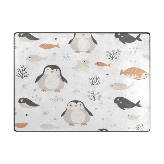 Non-Slip Polyester Rug 63x48in & 80x58in - Plush Memory Foam Floor Mat, Absorbent, Fade Resistant, Machine Washable for Living Room, Bedroom, Entryway,Cute Penguins and Fish