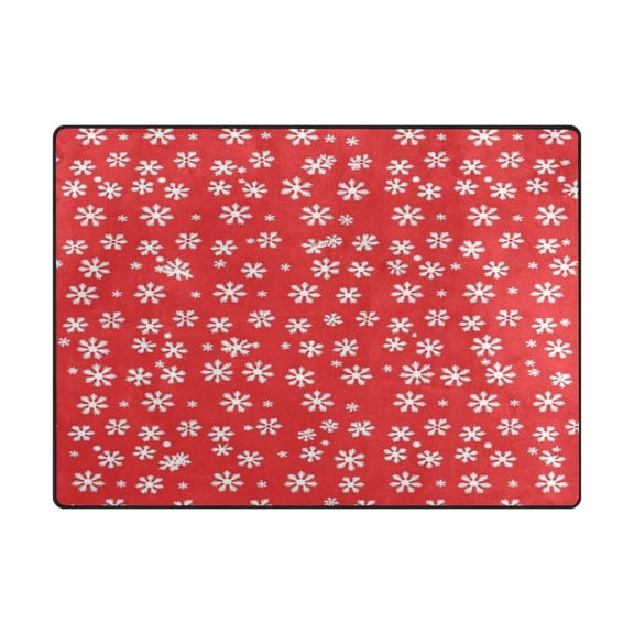 Non-Slip Polyester Rug 63x48in & 80x58in - Plush Memory Foam Floor Mat, Absorbent, Fade Resistant, Machine Washable for Living Room, Bedroom, Entryway，Snowflakes on A Red Background