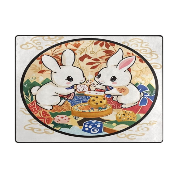Non-Slip Polyester Rug 63x48in & 80x58in - Plush Memory Foam Floor Mat, Absorbent, Fade Resistant, Machine Washable for Living Room, Bedroom, Entryway,Two Rabbits