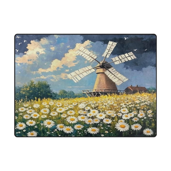 Non-Slip Polyester Rug 63x48in & 80x58in - Plush Memory Foam Floor Mat, Absorbent, Fade Resistant, Machine Washable for Living Room, Bedroom, Entryway,Windmill and Daisy