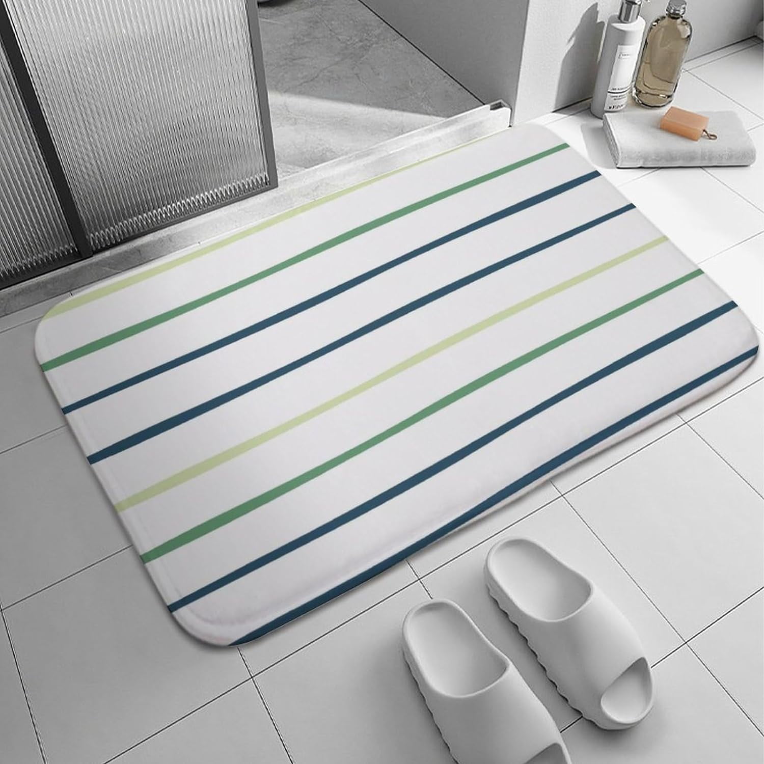 Non Slip Quick Dry Soft Bath Mat Area Rug White Blue and Green Stripes