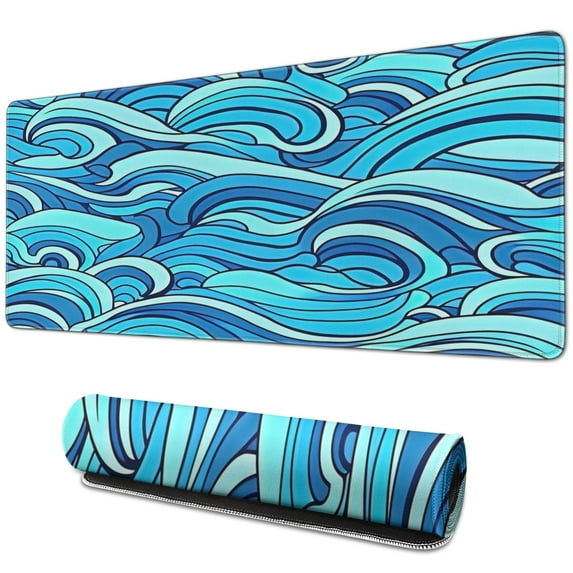 "Non-Slip Rubber Base Gaming Mouse Pad XL - Japanese Blue and White Wave Design, Stitched Edges - Extended Large Mice Pad for Gamers, 31.5 X 11.8 Inch"