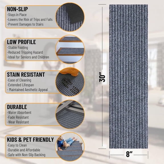 Non-Slip Rubberback Solid 8" x 30" Indoor/Outdoor Stair Treads for Stairs, Garage, Patio, 14 Pack, Gray
