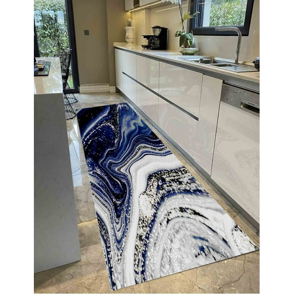 Non Slip Rug, Marble Rug, Home Decor Rugs, Navy Blue And Silver Marble Rugs, Modern Rugs, Large Rug, Living Room Rug, Housewarming Gift Rug, 2.6'x6.5' - 80x200 cm