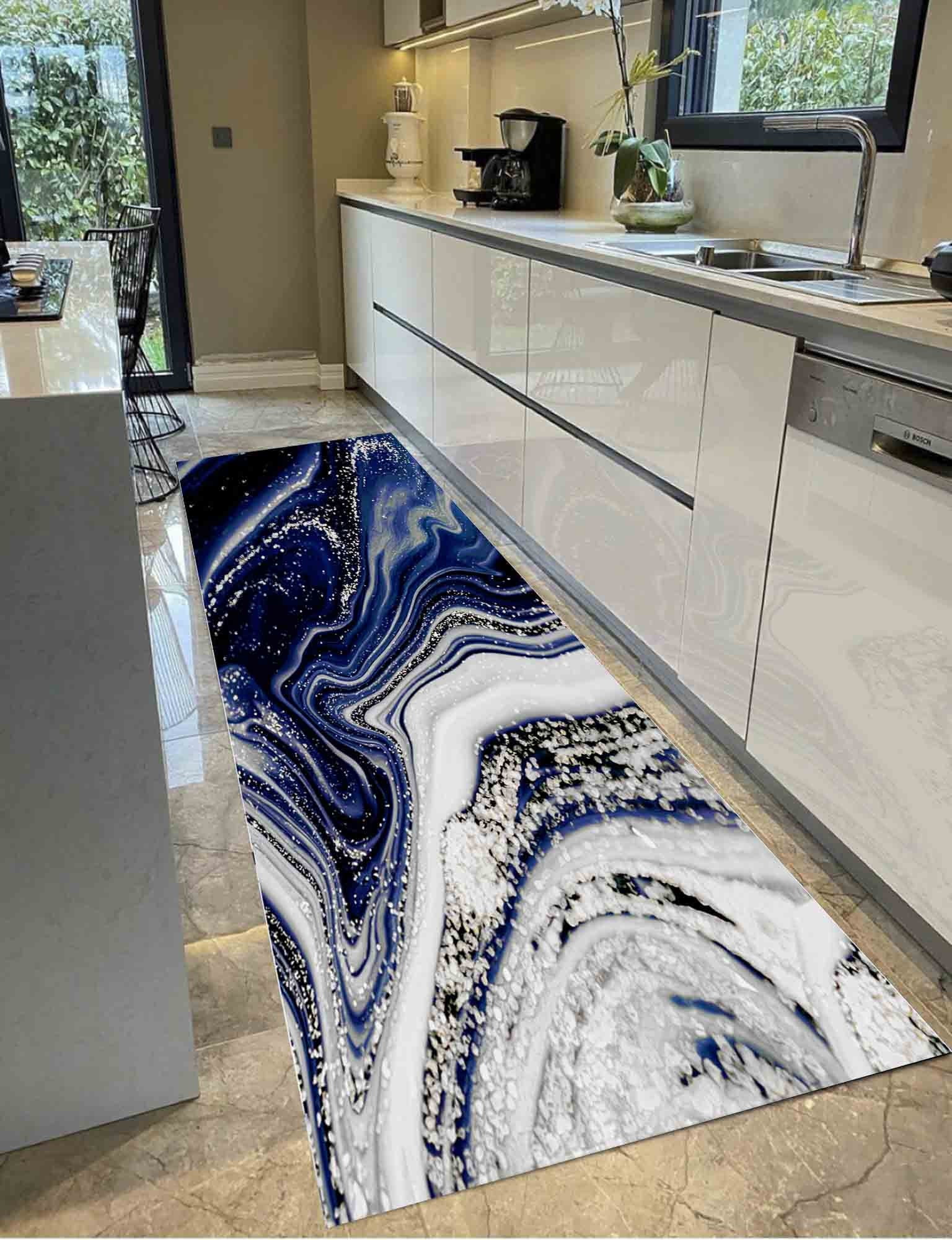 Non Slip Rug, Marble Rug, Home Decor Rugs, Navy Blue And Silver Marble ...