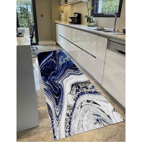 Non Slip Rug, Marble Rug, Home Decor Rugs, Navy Blue And Silver Marble Rugs, Modern Rugs, Large Rug, Living Room Rug, Housewarming Gift Rug, 3.3'x6.5' - 100x200 cm