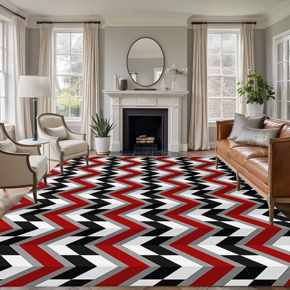 Non-Slip Rug Pad Rugs Abstract Art Zig Zag Burgundy Red Striped Rectangle Area Rugs 5x7Ft Soft Carpet Pads for Living Room Kids Room, Geometric Art