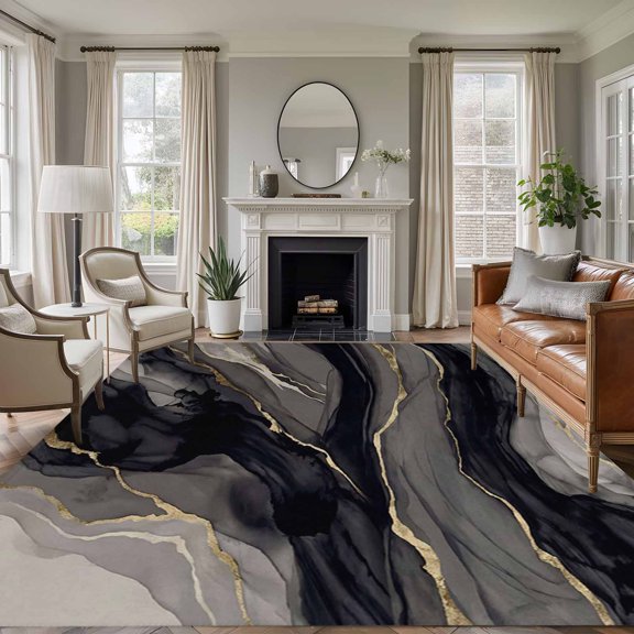 Non-Slip Rug Pad Rugs Abstract Black Beige Marble Rectangle Area Rugs 5x7Ft Soft Carpet Pads for Living Room Kids Room, Gold Stripes Stone Texture