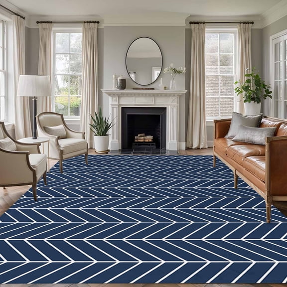 Non-Slip Rug Pad Rugs Abstract Blue White Chevron Texture Rectangle Area Rugs 9x12Ft Soft Carpet Pads for Living Room Kids Room, Geometric Herringbone