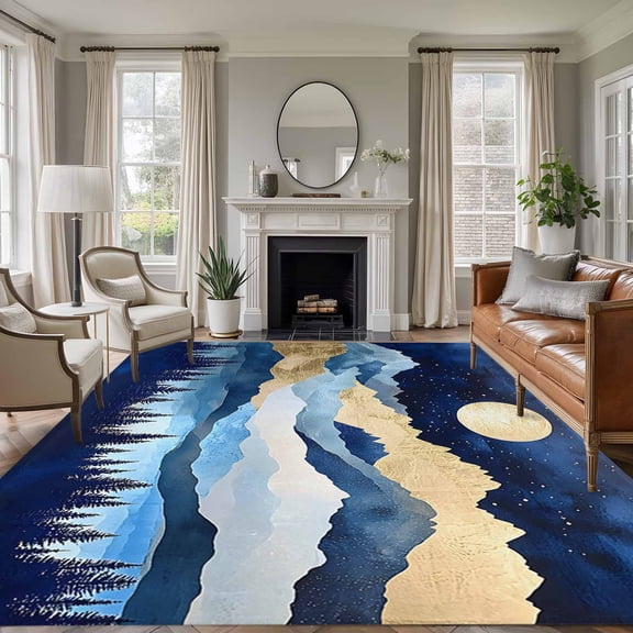 Non-Slip Rug Pad Rugs Abstract Cartoon Landscape Hill Rectangle Area Rugs 9x12Ft Soft Carpet Pads for Living Room Kids Room, Green Forest Lake Star