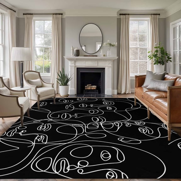 Non-Slip Rug Pad Rugs Abstract Character Face Modern Line Arts Rectangle Area Rugs 5x7Ft Soft Carpet Pads for Living Room Kids Room, Black White