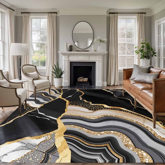 Non-Slip Rug Pad Rugs Abstract Flowing Marble Fluid Art Rectangle Area Rugs 9x12Ft Soft Carpet Pads for Living Room Kids Room, Black and Gold Lines