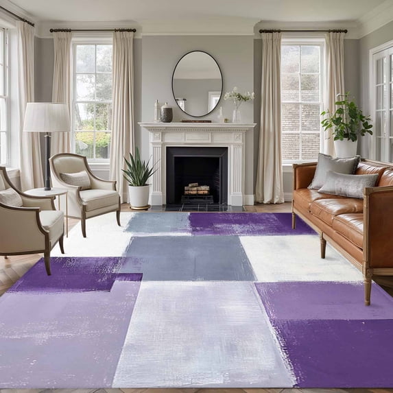 Non-Slip Rug Pad Rugs Abstract Geometric Purple Color Block Rectangle Area Rugs 5x8Ft Soft Carpet Pads for Living Room Kids Room, Watercolor Oil Painting Art
