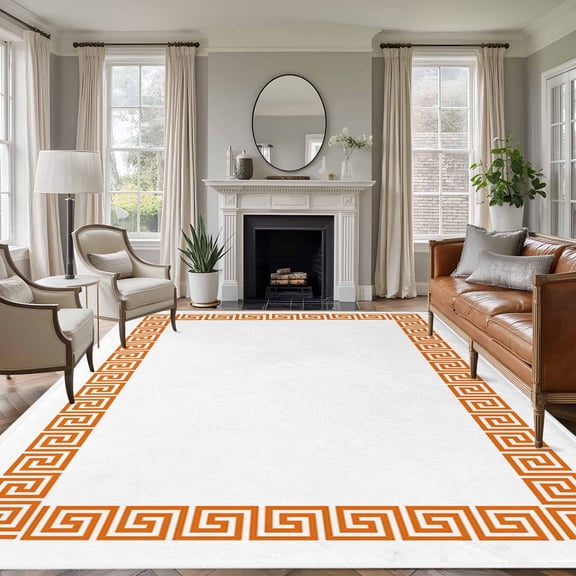 Non-Slip Rug Pad Rugs Abstract Greek Inspired Art Rectangle Area Rugs 5x7Ft Soft Carpet Pads for Living Room Kids Room, Orange Twist Line Key Pattern
