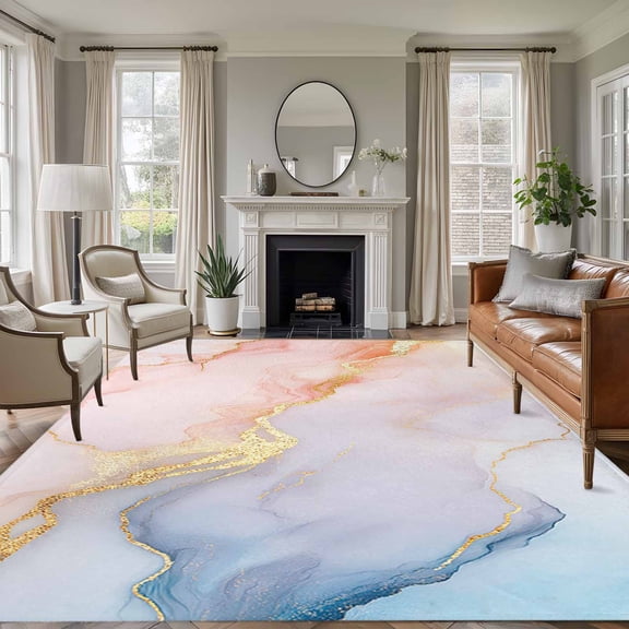 Non-Slip Rug Pad Rugs Abstract Marble Stone with Gold Stripe Rectangle Area Rugs 5x7Ft Soft Carpet Pads for Living Room Kids Room, Pink Blue Ombre Agate Texture