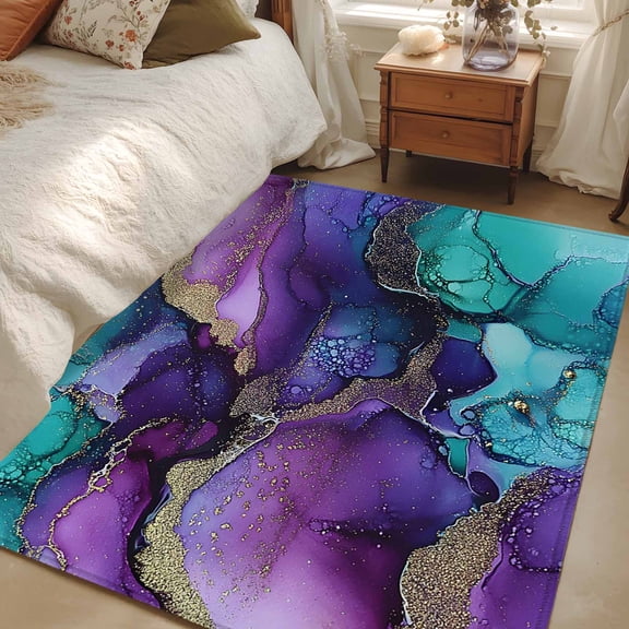 Non-Slip Rug Pad Rugs Abstract Marble Texture Pattern Rectangle Area Rugs 3x5Ft Soft Carpet Pads for Living Room Kids Room, Purple Green Gradient