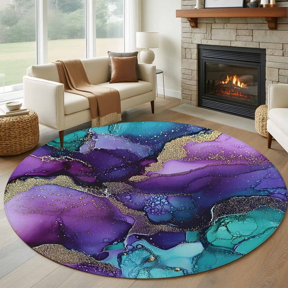 Non-Slip Rug Pad Rugs Abstract Marble Texture Pattern Round Area Rugs 5Ft Soft Carpet Pads for Living Room Kids Room, Purple Green Gradient