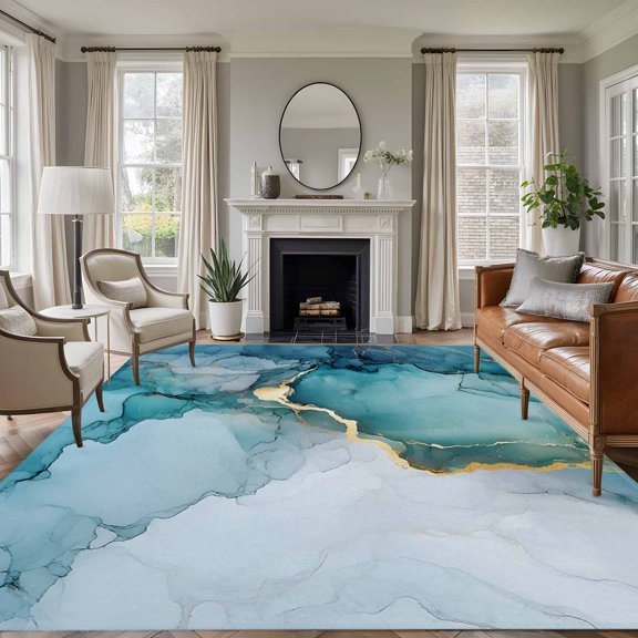 Non-Slip Rug Pad Rugs Abstract Natural Teal Marble Rock Rectangle Area Rugs 5x7Ft Soft Carpet Pads for Living Room Kids Room, Watercolor Gradient Stone