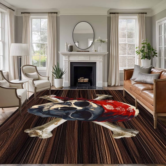 Non-Slip Rug Pad Rugs Abstract Punk Pirate Skull Rectangle Area Rugs 5x7Ft Soft Carpet Pads for Living Room Kids Room, Crossbones on Brown Wood Board