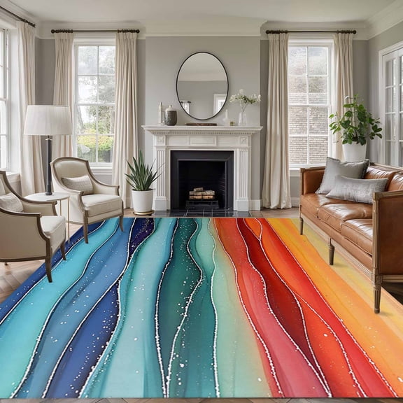 Non-Slip Rug Pad Rugs Abstract Rainbow Wave Marble Texture Rectangle Area Rugs 5x7Ft Soft Carpet Pads for Living Room Kids Room, Colorful Ocean Waves