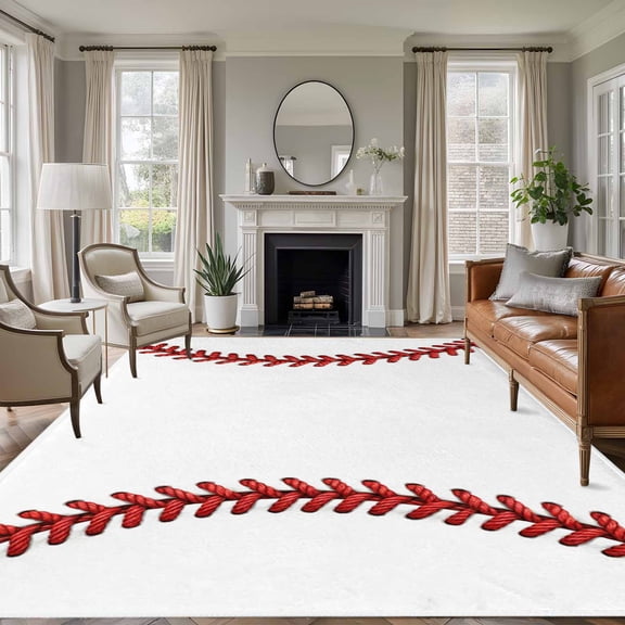 Non-Slip Rug Pad Rugs Baseball Stitches Texture Rectangle Area Rugs 5x7Ft Soft Carpet Pads for Living Room Kids Room, Modern Minimalist Sport Theme