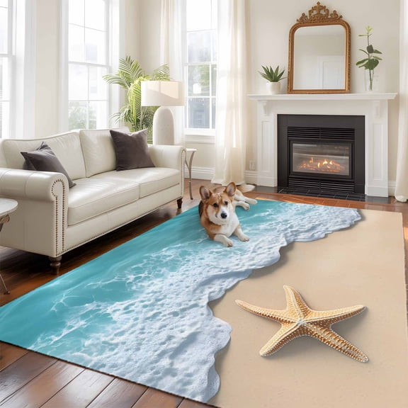 Non-Slip Rug Pad Rugs Beach Starfish Teal Sea Water Rectangle Area Rugs 5x7Ft Soft Carpet Pads for Living Room Kids Room, Summer Ocean Theme